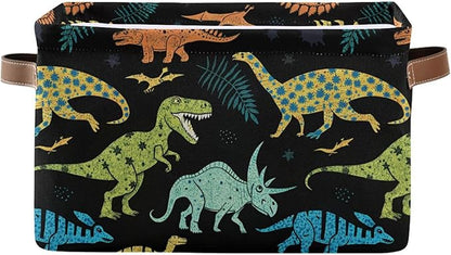 Dinosaur Pattern Storage Basket Bin, Large Cube Storage Box Canvas Collapsible Storage Organizer for Home Office Closet - 15 L x 11 W x 9.5 H