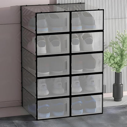 20 Pack Shoe Storage Boxes, Plastic Stackable Foldable Shoe Boxes with Clear Front Opening Door for Sneakers Flats Slippers Sandals Casual Shoes, Space Saving, 13.58*9.06*5.51in (Black)