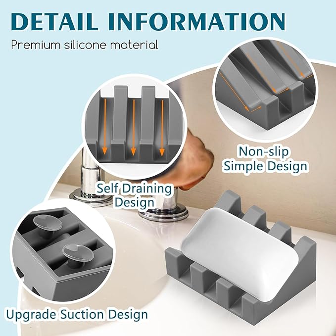Self Draining Silicone Soap Dish with Suction Cups - Non-Slip Bar Soap Holder for Shower & Kitchen, Waterfall Tray Keeps Soap Dry, Easy Clean, Extends Soap Life (Gray, 1 Pack)