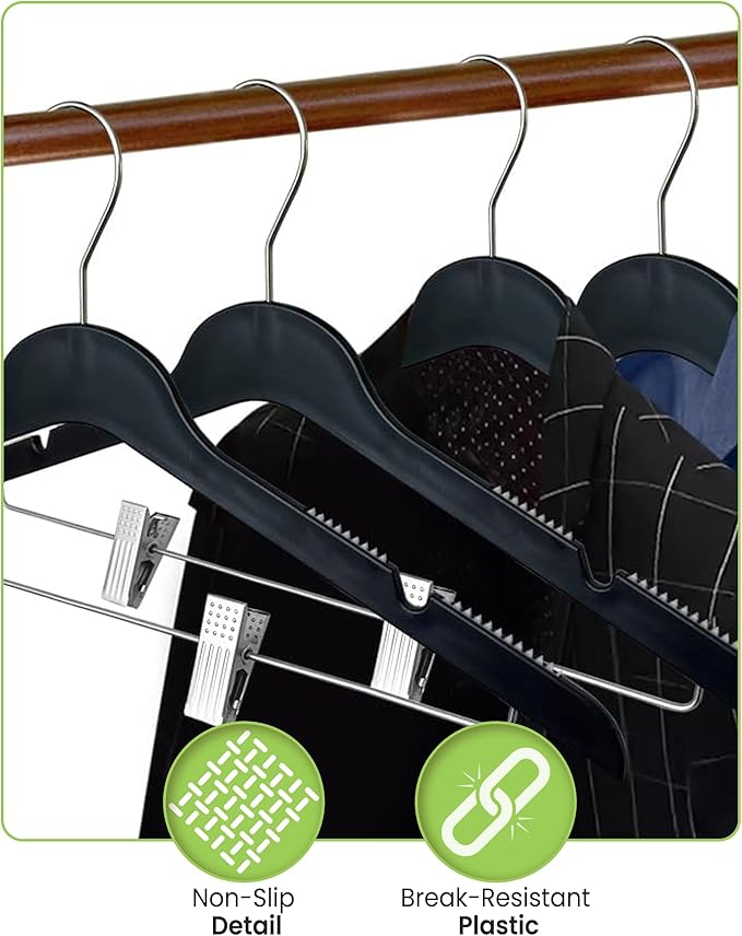 All Hung Up Hangers Slim Plastic Clothes Hangers with Clips, Space-Saving Design with Non-Slip Grip, Durable for Everyday Use, Black, 12pcs
