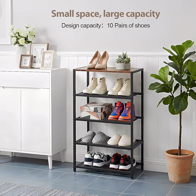 Narrow Shoe Rack for Front Door Entrance, Entryway, and Closet Shoe Organizer with 4 Sturdy Metal Mesh Shelves and Wooden Top, Holds 10 Pairs, Ideal for Storage or Display