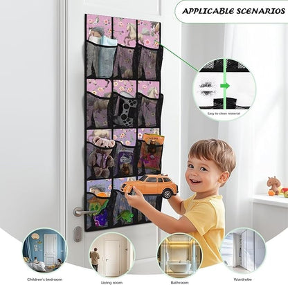 Flower Horse Over Door Organizer, 12 Compartment Breathable Mesh Hanging Shoe Rack, Waterproof Durable Door Hanger for Bedroom Closet & Dorm Room Storage