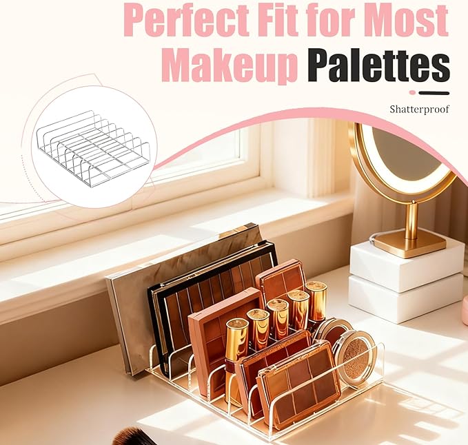2-Pack Acrylic Makeup Palette Organizer, 7-Slot Eyeshadow Palette Storage, Clear Display Case for Vanity Drawer Countertop, Cosmetic Organizer for Makeup Brushes, Lipstick, Blush Kits