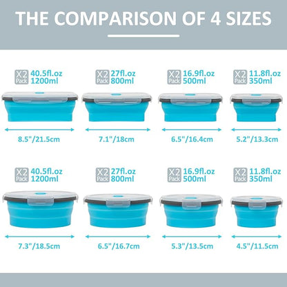 Collapsible Silicone Food Storage Containers Set with Lid & Air Vent, Foldable Lunch Containers, 16 Pack (8 Rectangular + 8 Round Bowls), BPA-Free, Space-Saving
