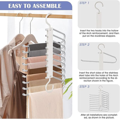 Upgrade 9 Layers Pants Hangers Space Saving, 4 Pack Pant Hangers Organizer Multifunctional Pants Rack Space Saver Closet Organizers and Storage Hangers for Pants Jeans Leggings Skirts, Snowy White