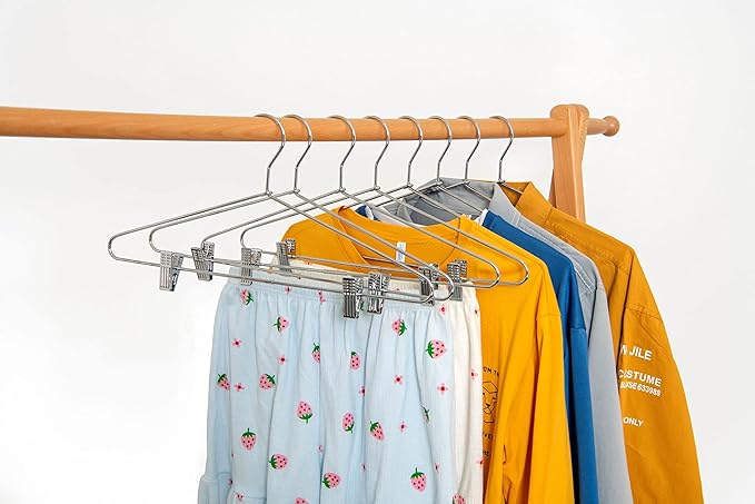 Quality Metal Pant/Skirt Blouse Hanger 10-Pack, Heavy-Duty Skirt Hangers with Clips, Adjustable Clip Pants Hanger, Chrome (Chrome, 10)