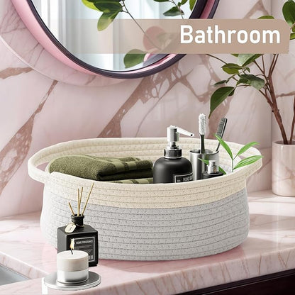 JMvicyroam Woven Basket,Small Rope Storage Bin with Handles & Ribbon Bag, Organizer for Shelves Closets,Gift Basket Empty for Birthday,Books,Dog Toys, White&Grey/3 Pack