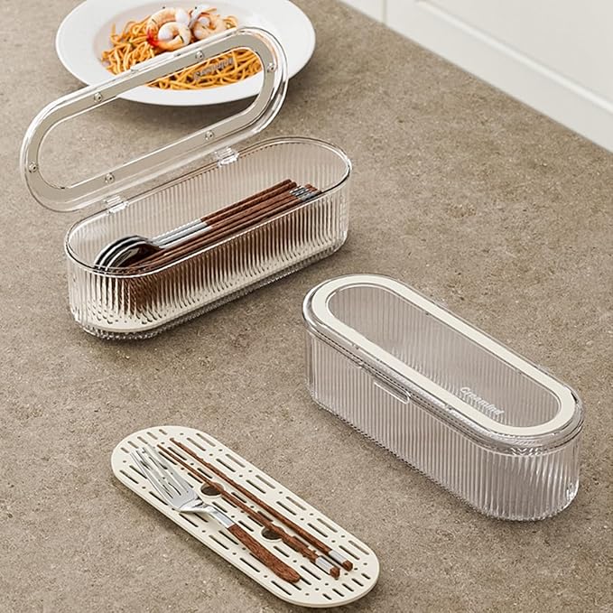 Silverware Organizer with Lid and Drainer, Covered Utensil Tray for Kitchen Drawer and Countertop, Clear Plastic Cutlery and Flatware Storage Box for Spoons Forks Knives Holder Case