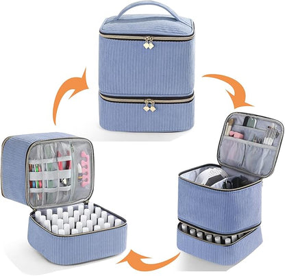 CTWWFS Corduroy Nail Polish Organizer and Nail Lamp Case, Nail Kit Organizer Holds 30 Bottles (15ml - 0.5 fl.oz) and a Nail Lamp, Nail Polish Carrying Case with Manicure Tools Storage Sections (Blue)