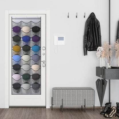 Baseball Hat Rack, 24 Pocket Over-The-Door Hat Organizer with Clear Deep Pockets to Display Baseball Caps Collection, Complete with 3 Over Door Hooks (Grey, 24 Pockets)