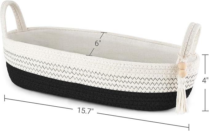 Mkono Small Storage Basket for Toilet Tank Top Boho Bathroom Decor Woven Rope Toilet Paper Tray Organizer for Shelf Bedroom Living Room, Black and White, 1 Pack, 15.7" L x 6" W