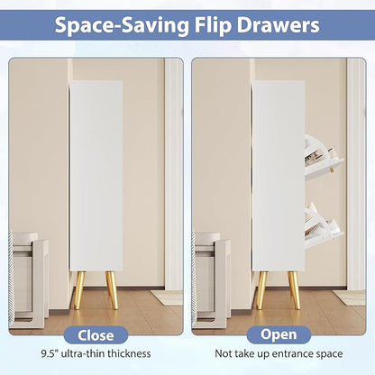 Shoe Cabinet Storage for Entryway, White Shoe Organizer with 2 Flip Drawers & Open Shelf, Freestanding Hidden Large Shoe Storage Cabinet (1pc-White, 2 Flip Drawers with Shelf)