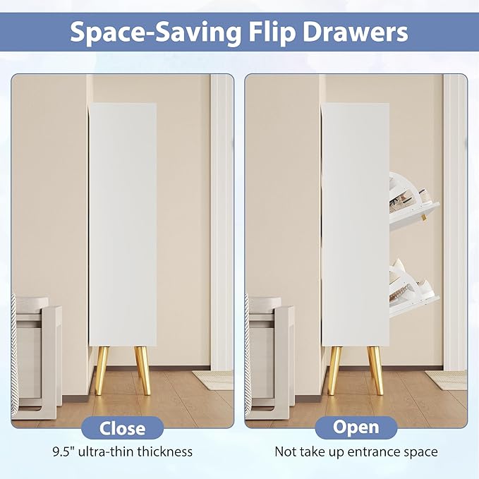 Entryway Shoe Cabinet, White Shoe Storage Cabinet with 2 Flip Doors and Shelf, Narrow Hidden Shoe Organizer Cabinet Slim, Freestanding Shoe Rack for Entryway, White