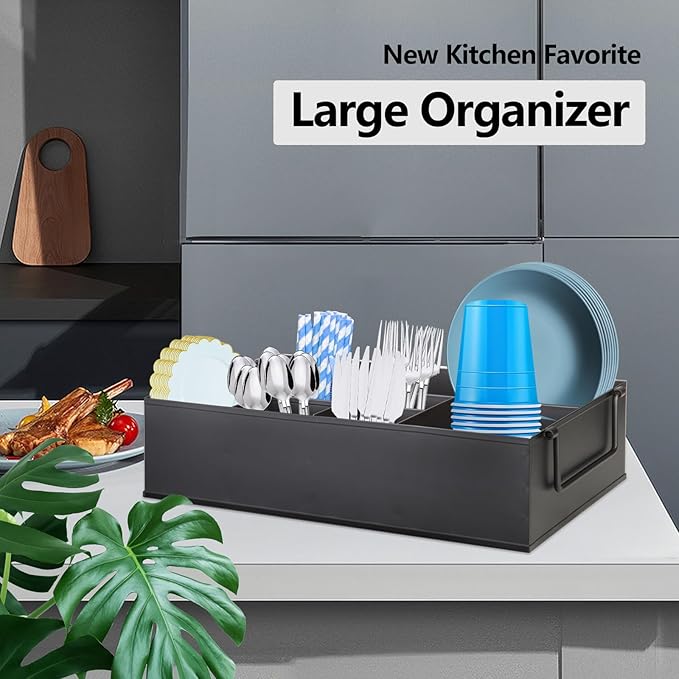 NelyBet Paper Plate Dispenser Holders Utensil Caddy for Countertop,Outdoor Silverware Caddy, Picnic and Camping Utensil Holder, Flatware Organize with Handle for Party Gatherings, Metal (Black)