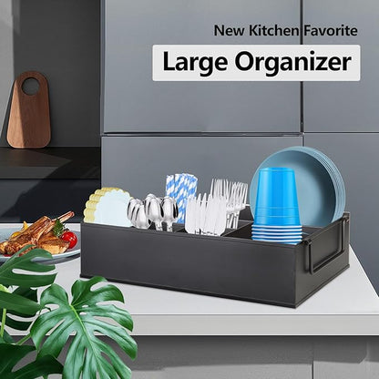 NelyBet Paper Plate Dispenser Holders Utensil Caddy for Countertop,Outdoor Silverware Caddy, Picnic and Camping Utensil Holder, Flatware Organize with Handle for Party Gatherings, Metal (Black)