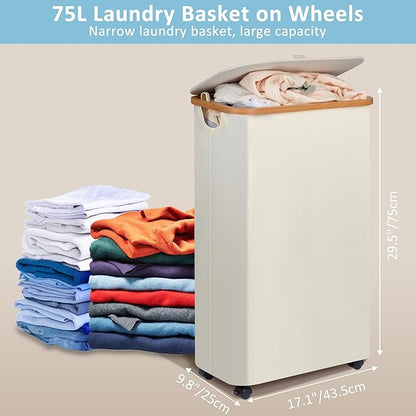 efluky Slim Laundry Hamper with Wheels, Narrow Laundry Basket with Lid and Removable Bag, Aesthetic Dirty Clothes Hamper on Wheels for Laundry Room, Bedroom, Dorm and Bathroom, 75L Beige