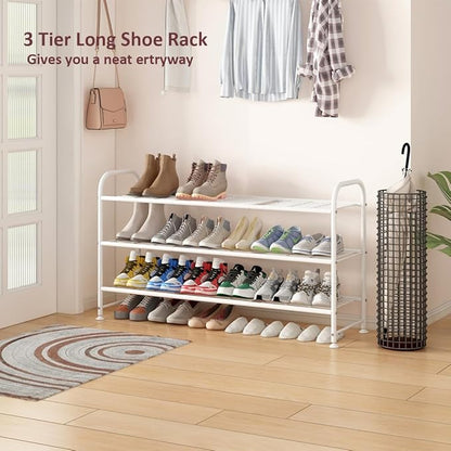 LINZINAR Shoe Rack Long 3 Tier Shoe Storage Organizer Metal Wide Shoe Shelf for Closet Entryway Bedroom 24 Paris Large Capacity, Black (White, 3-Tier)