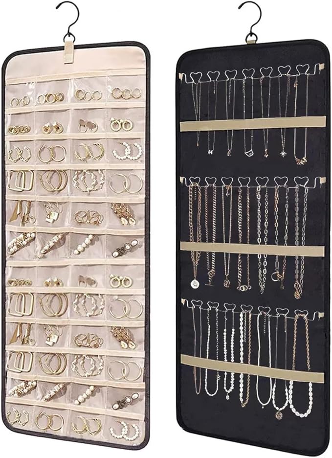 48 Pocket Oxford Fabric Double Sided Hanging Rotating Jewelry Organizer with Hanger Hooks for Earrings, Necklaces, Rings, Bracelets and Other Jewelry Storage