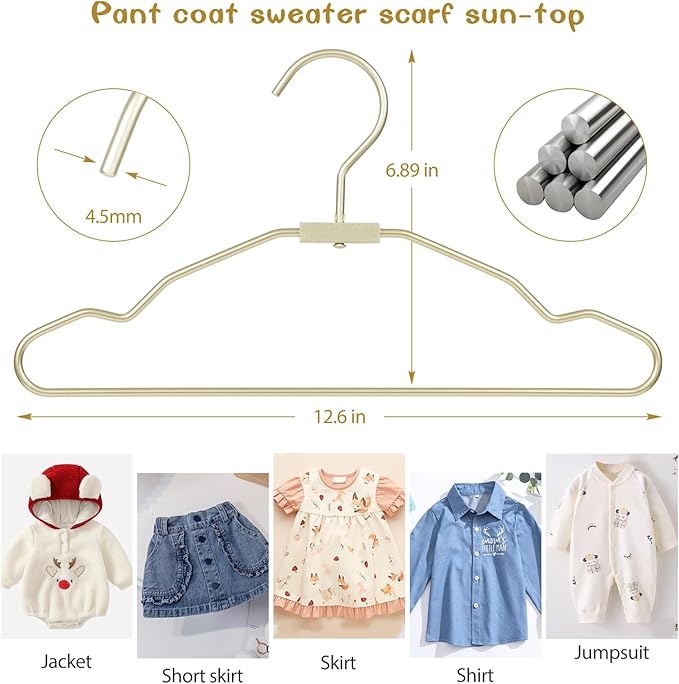 VWV Aluminum Hangers, 20 Pack Baby Hangers，12.6 Inch Children Baby Hanger, Sturdy Metal Children Clothes Hangers for Wardrobe, Space-Saving Toddler Hanger