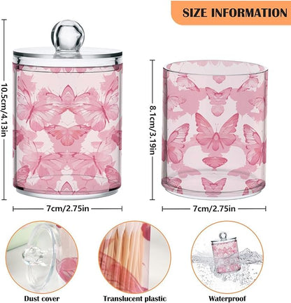 2 Pack Pink Butterflies Apothecary Jars with Lid, Qtip Holder Storage Containers for Cotton Ball, Swabs, Pads, Clear Plastic Canisters for Bathroom Vanity Organization (10 Oz)