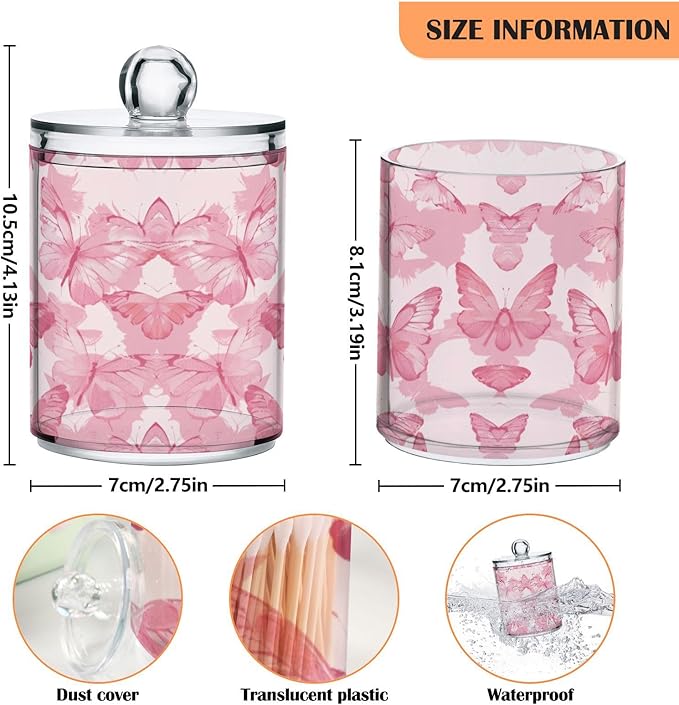4 Pack Pink Butterflies Apothecary Jars with Lid, Qtip Holder Storage Containers for Cotton Ball, Swabs, Pads, Clear Plastic Canisters for Bathroom Vanity Organization (10 Oz)