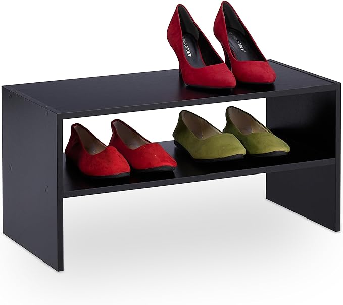 Relaxdays Rack, Organiser with 2 Levels, Stores 4 Pairs of Shoes, HxWxD: 29.5 x 60 x 29.5, Stackable, Black, Engineered Wood, 29.5 x 60 x 29.5 cm