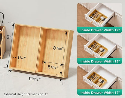 Bamboo Kitchen Drawer Organizer Boxes – 9" x 6" Stackable Wood Silverware Utensil Tray for Drawers Bins, Cutlery & Flatware Storage – Wooden Organizers Set of 2 for Junk Drawer, Bathroom, RV