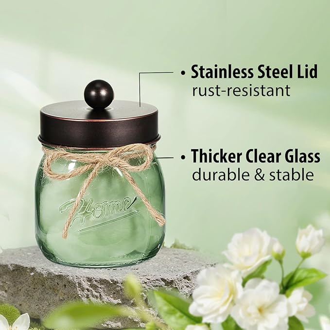 SheeChung Green Glass Qtip Holder Dispenser, Mason Jar Apothecary Jars with Lids, Bathroom Organizers and Storage, Vanity Countertop Canisters Set for Cotton Swab, Ball, Pad, Floss Pick-ORB, 3 Pack