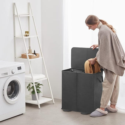 Lifewit Double Laundry Hamper with Lid and Removable Laundry Bags, Large Collapsible 2 Dividers Dirty Clothes Basket with Handles for Bedroom Laundry Room Closet Bathroom College, 136L Black