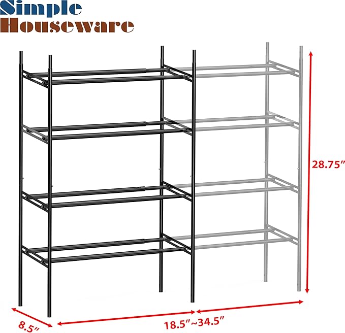 Simple Houseware Space-Saving 4-Tier Shoe Rack - Expandable & Stackable Metal Footwear Organizer for Entryway or Closet, Black