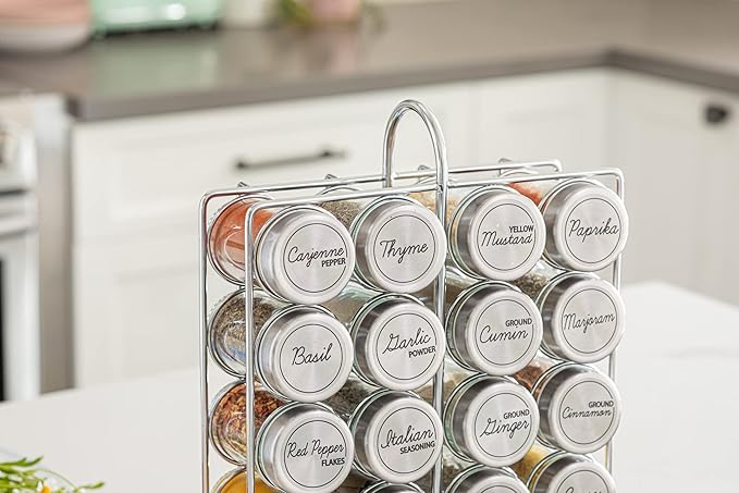 Orii 20 Jar Spice Rack Stainless Steel with Spices Included - Standing Rack Shelf Holder & Countertop Spice Rack Tower Organizer for Kitchen Spices
