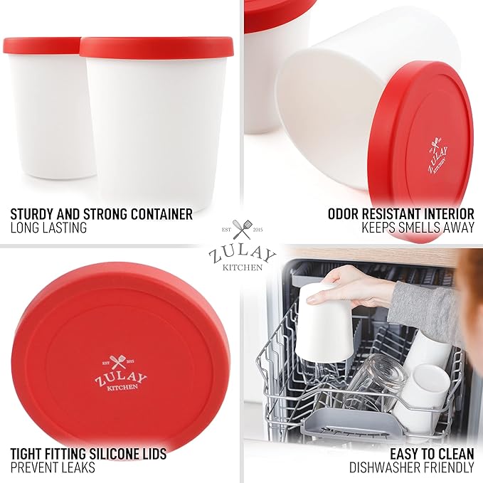 Zulay Large Ice Cream Containers - 2 Pack, 1 Quart Each - Reusable Ice Cream Container Set with Lids - For Sorbet, Gelato, Frozen Yogurt (Red)