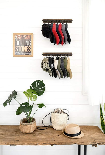 Mkono Hat Rack for Wall Wooden Baseball Caps Organizer with 20 Hooks and Cap Keeper Hanger with 16 Hooks