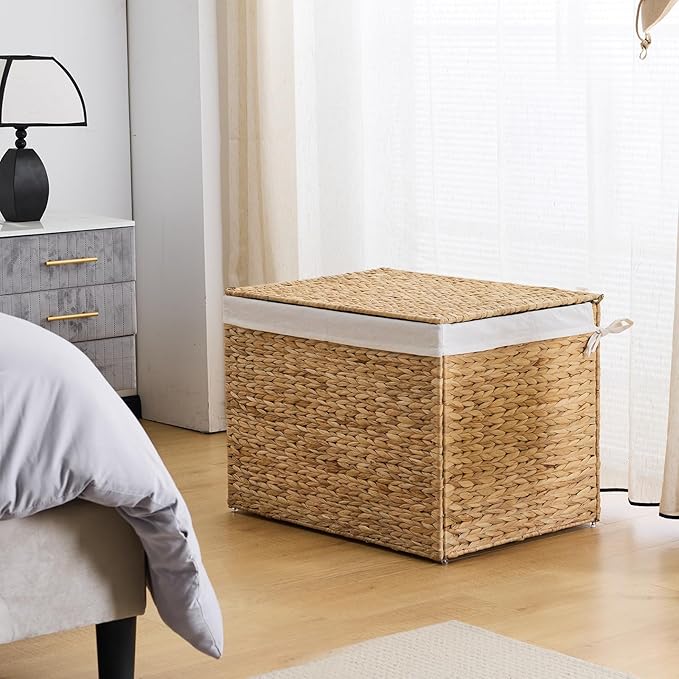 Water Hyacinth Storage Basket with Lid, 46.2 Gallon (175L) Wicker Shelf Basket with Removable Liner, Wicker Storage Basket for Blanket, for Livingroom, Bedroom, Natural