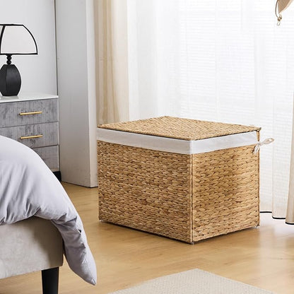 Water Hyacinth Storage Basket with Lid, 46.2 Gallon (175L) Wicker Shelf Basket with Removable Liner, Wicker Storage Basket for Blanket, for Livingroom, Bedroom, Natural