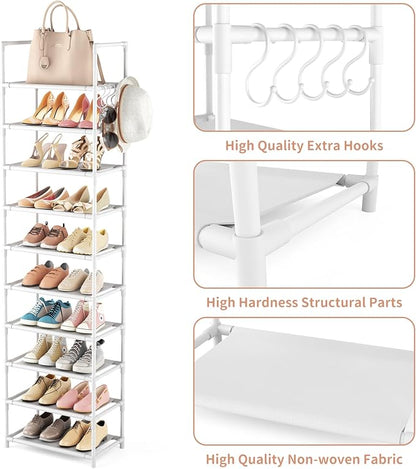 LANTEFUL 10 Tiers Tall Shoe Rack 20-25 Pairs Boots Organizer Storage Sturdy Narrow Shoe Shelf for Entryway, Closets with Hooks, White