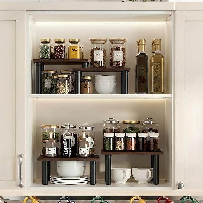 Cabinet Organizer Shelf, 2 Tier Countertop Spice Rack for Kitchen Counter, Seasoning Organizer with Wood-Grain Shelves, Kitchen Countertop Organizer for Spices, Sauces and Small Items (4 Pcs, Brown)
