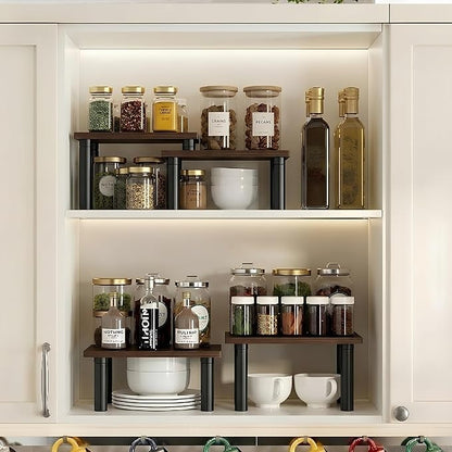 Cabinet Organizer Shelf, 2 Tier Countertop Spice Rack for Kitchen Counter, Seasoning Organizer with Wood-Grain Shelves, Kitchen Countertop Organizer for Spices, Sauces and Small Items (4 Pcs, Brown)