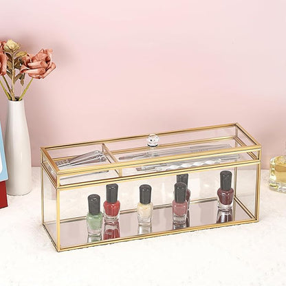 JUXYES Glass Nail Polish Set Storage Box with Tray and Lid, Double Tiers Personal Storage Box Organizer with Mirrored Bottom for Nail Polish Tweezer Manicure Tools Nail Art Accessories Tools Supplies