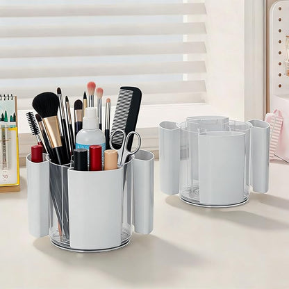 Rotating Makeup Organizer Countertop, Detachable Desk Organizer, 5 Slots Unique Make up Brushes Cup for Cosmetics, Art Supply, Multi Compartment Pen Holder, White, 1 Piece