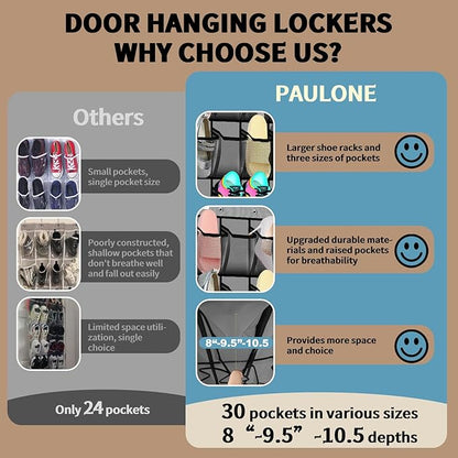 PAULONE Over the Door Organizer with 30 Large Pockets, 3 Sizes of Closet Hangers, Holds up to 69 lbs, Hanging Organizer with Clear Window for Children's Toys, Shoes, Diapers (Gray)