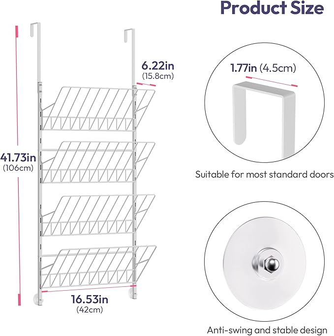 SWTYMIKI Over the Door Shoe Organizer - Adjustable 4 Tier Hanging Shoe Rack Organizer, Metal Heavy Duty Behind Door Storage or Wall Mount Shoes Shelf for Flats, Heels, Sneakers, Boots