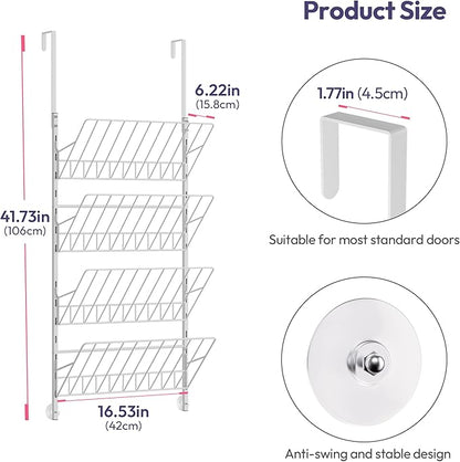 SWTYMIKI Over the Door Shoe Organizer - Adjustable 4 Tier Hanging Shoe Rack Organizer, Metal Heavy Duty Behind Door Storage or Wall Mount Shoes Shelf for Flats, Heels, Sneakers, Boots