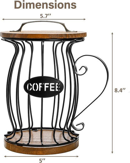 WRINGKIT Rustic Coffee Pod Holder with Lid, K Cup Pods Holder for Counter, Large Capacity Black Wire Coffee Pod Filter Storage Basket for Espresso Capsule, Wooden Base