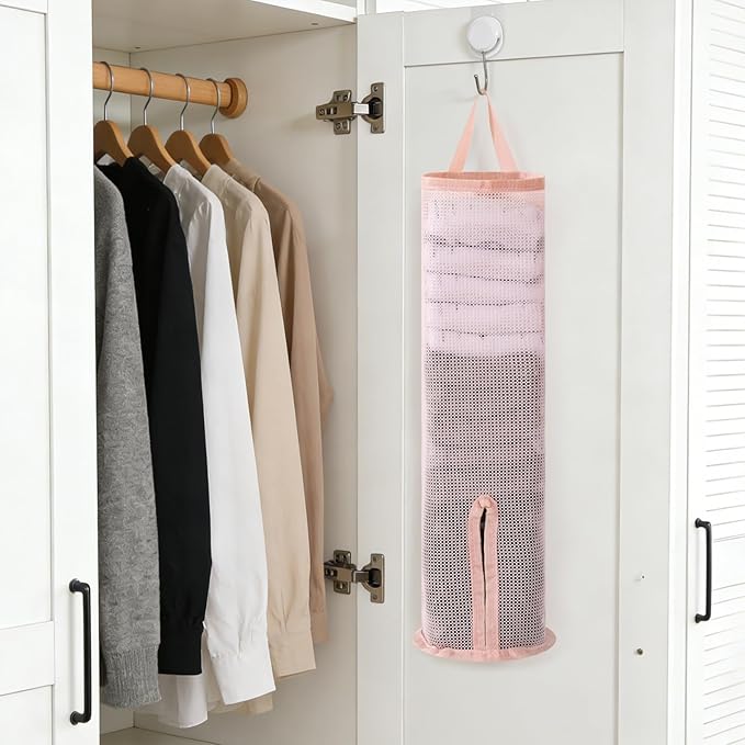 Hanging Sock Storage Bag,Wall Mount Multifunctional Bag,Sock Underwear Organizer,Hanging Closet Organizer,Saver Kitchen Storage Holder for Storing Socks Ties Plastic Bag 3PCS (Pink)