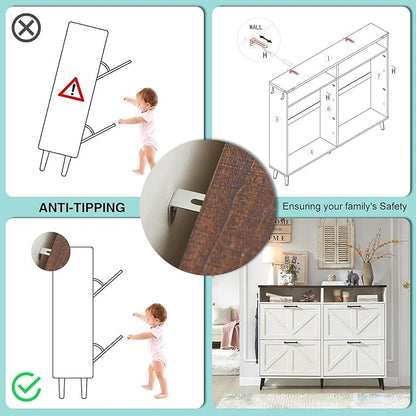 Barnyatoh Shoe Storage Cabinet,Farmhouse Shoe Organizer with 4 Flip Drawers & Barn Door Design,Freestanding Hidden Slim Narrow Shoe Rack with Open Shelves for Entryway,Foyer,Hallway,Antique White