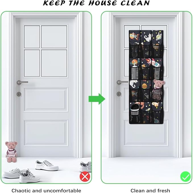 Planet Rocket Over the Door Shoe Rack 4 Shelf 12-Pocket Heavy Duty Hanging Storage Organizer No Drill Door Rack for Toys Snacks Shoes Large Storage Bag for Kids Room