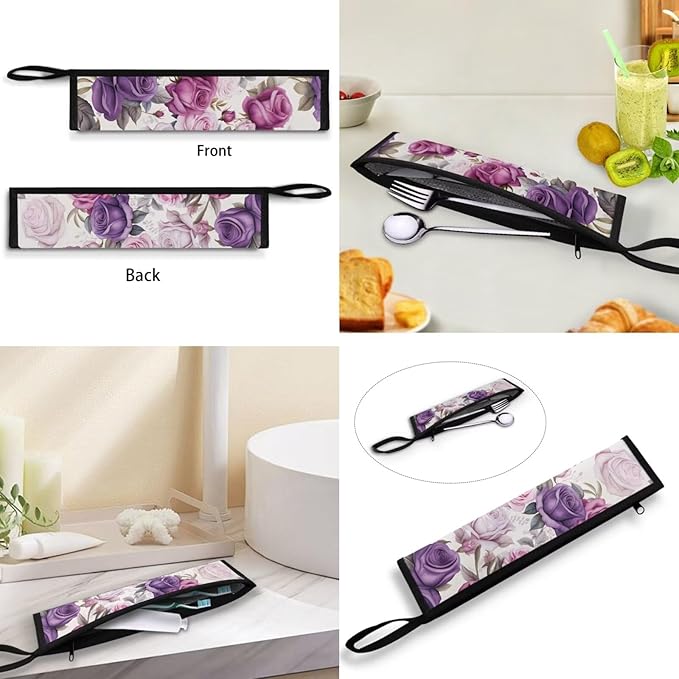 COEQINE Purple Rose Flower Utensil Holder Case for Home Work Outdoor Travel Accessories Fork Spoon Knife Organizer With Lid for Party Fashion Retro Style Floral Silverware Case