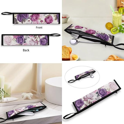 COEQINE Purple Rose Flower Utensil Holder Case for Home Work Outdoor Travel Accessories Fork Spoon Knife Organizer With Lid for Party Fashion Retro Style Floral Silverware Case
