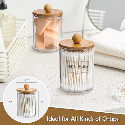 3 Pack Qtip Holder Dispenser with Bamboo Lids - 10 oz Clear Plastic Apothecary Jar Containers for Vanity Makeup Organizer Storage - Bathroom Accessories Set for Cotton Swab, Ball, Pads, Floss
